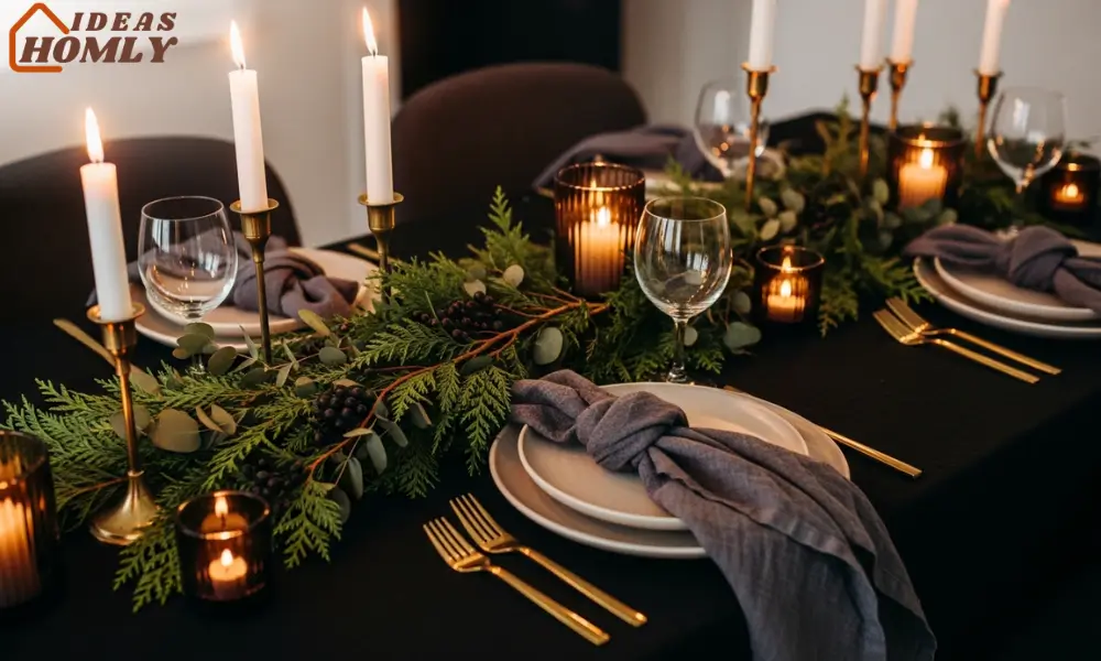 Dark, Candlelit Tablescape With Black Linens and Greenery Runner