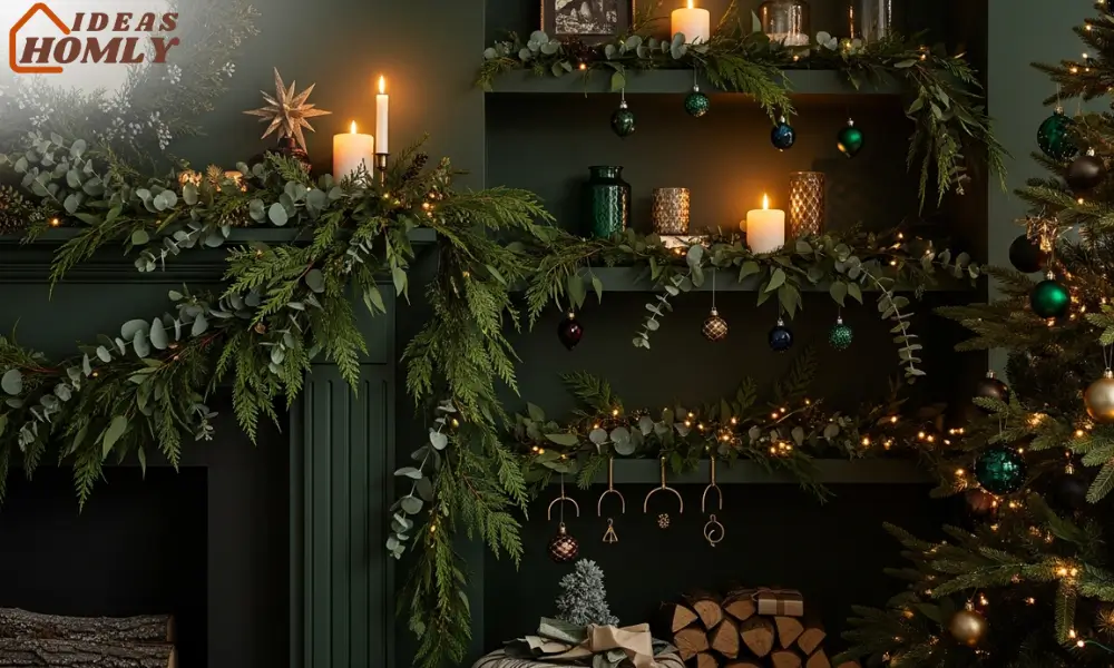 Deep Forest-Green Room With Layered Garlands and Jewel-Tone Ornaments