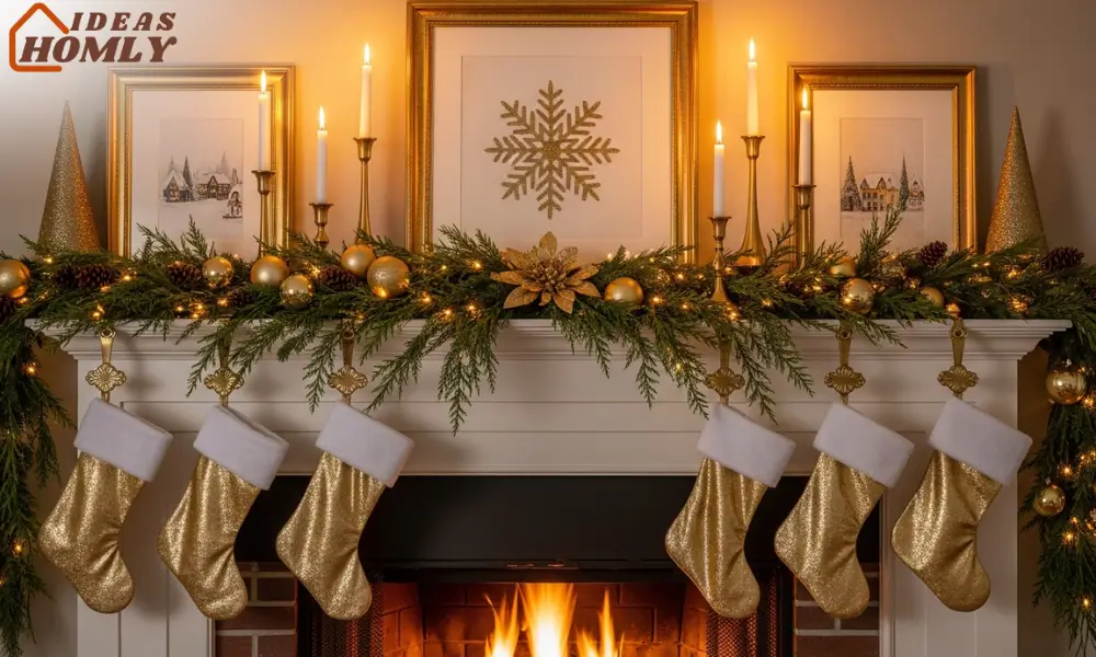Elegant All-Gold Christmas Mantel Decor With Warm Holiday Glow