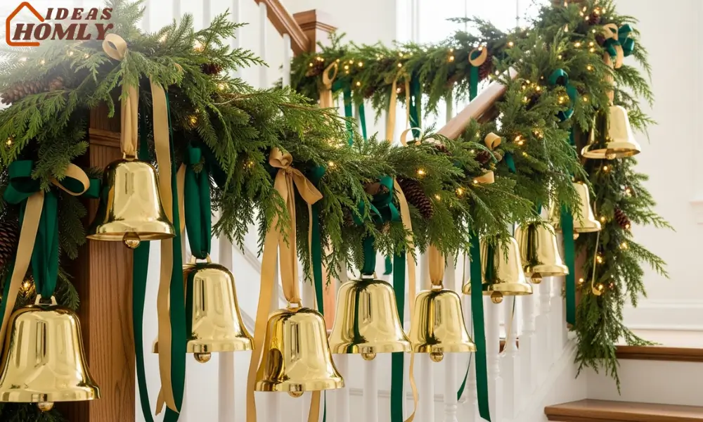 Elegant Gold Bell Garland on a Christmas Staircase