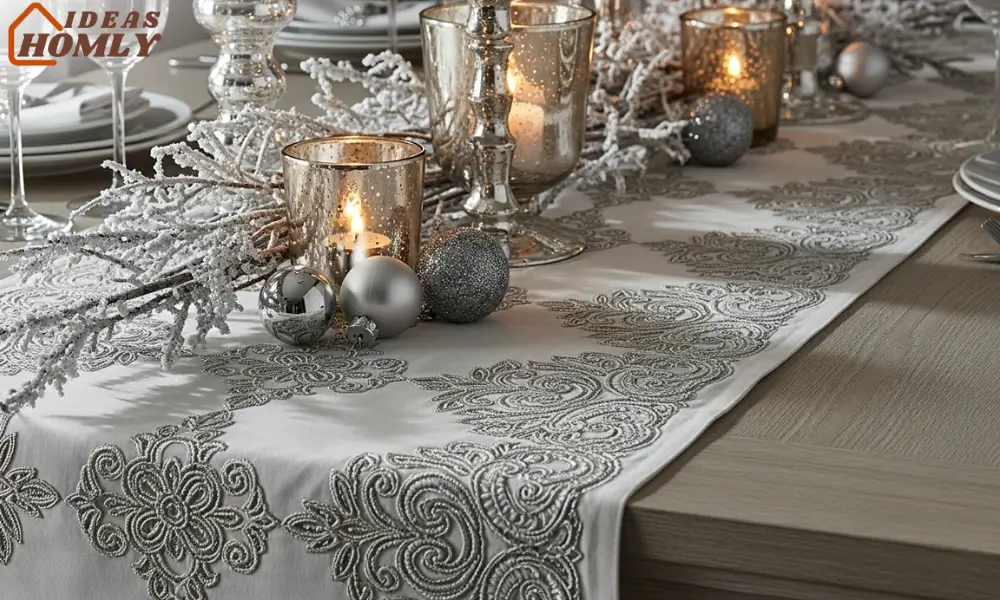 Elegant White and Silver Winter Wonderland Christmas Table Runner