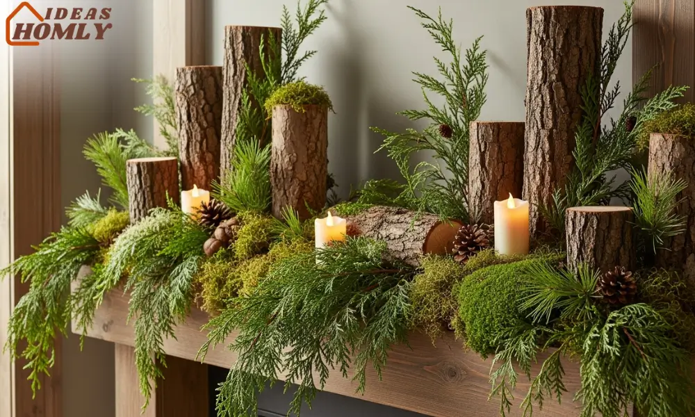 Forest-Inspired Mantel with Logs and Moss
