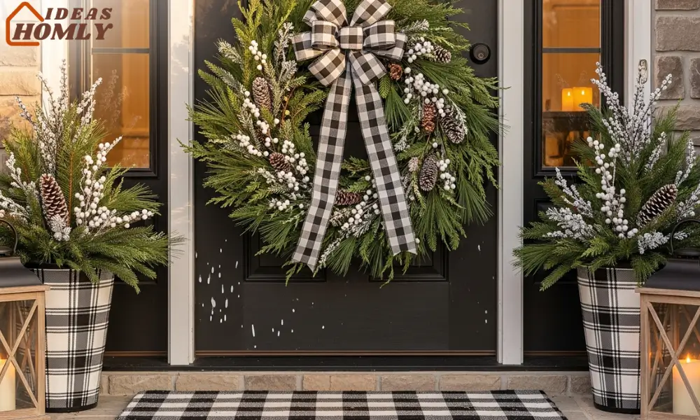 Front Door Wreath With Black and White Plaid Ribbon
