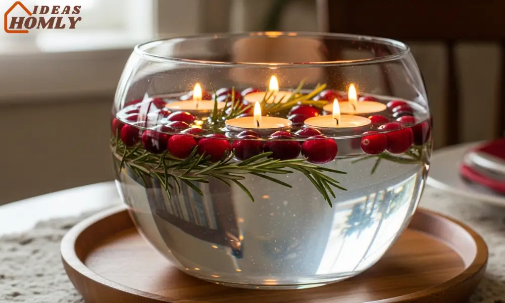 Glass Bowl with Floating Cranberries & Tea Lights