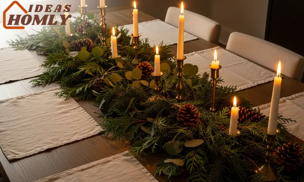 Greenery Runner With Pinecones and Brass Candlesticks