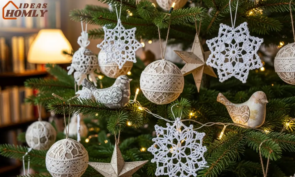 Handmade Lace, Paper, and Crocheted Vintage Ornaments on a Tree