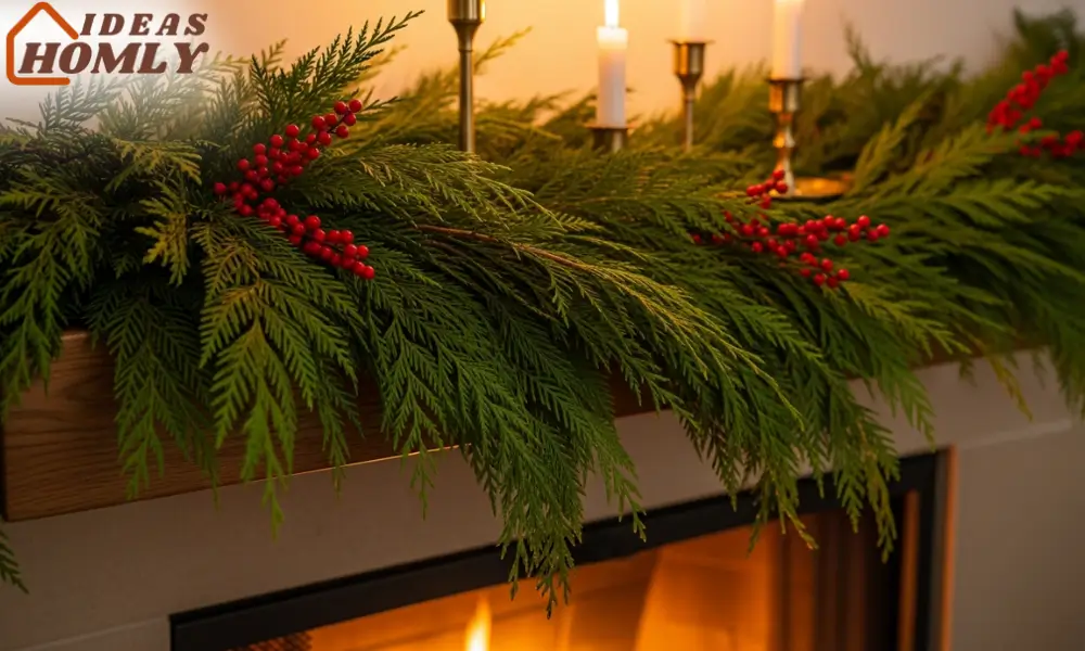 Layered Cedar Garland with Red Berries & Brass Accents