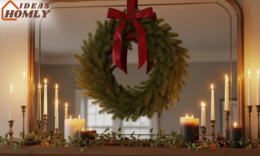 Mirror Mantel with Wreath Layered Over Glass