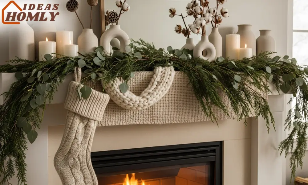 Neutral After-Christmas Mantel with Greenery & Cozy Textures