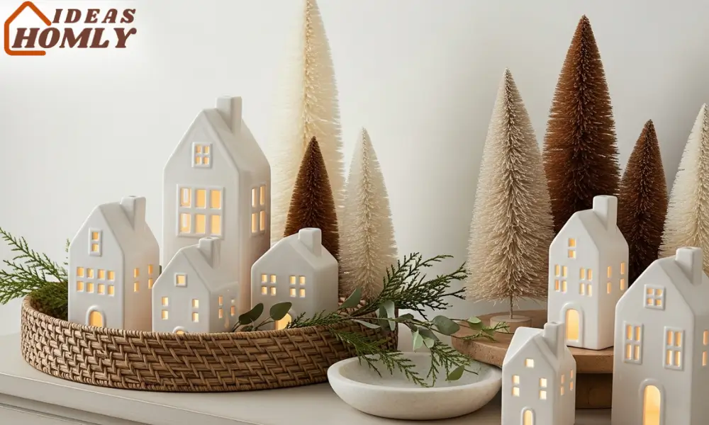 Neutral Entry Console With Ceramic Houses & Bottle Brush Trees