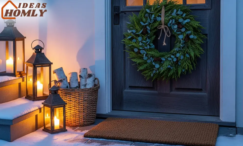 Neutral Winter Porch With Wreath & Lanterns