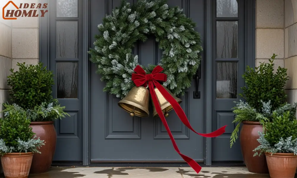 Oversized Bells on a Festive Front Door Christmas Wreath