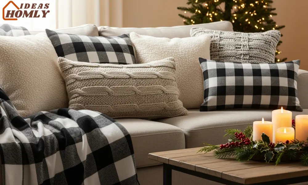 Plaid Throw Pillows and Blankets in the Living Room