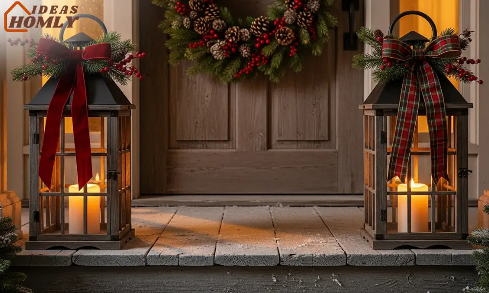 Porch Lanterns With Ribbons and Pine Sprigs