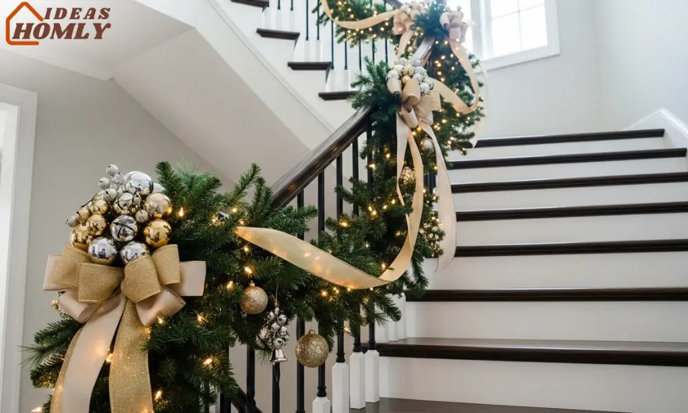 Ribbon and Greenery Staircase Makeover