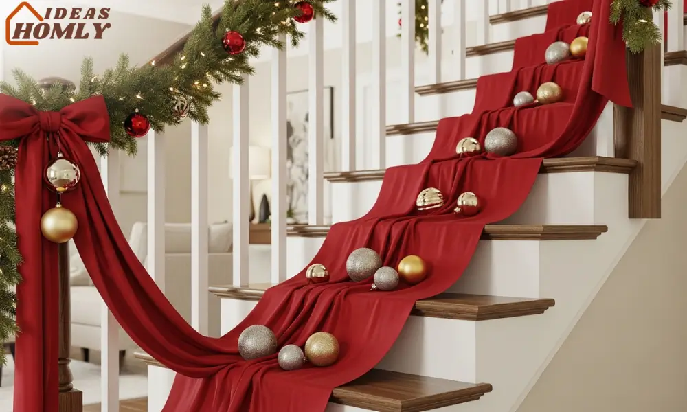 Ribbon and Ornament Cascade Down the Railing