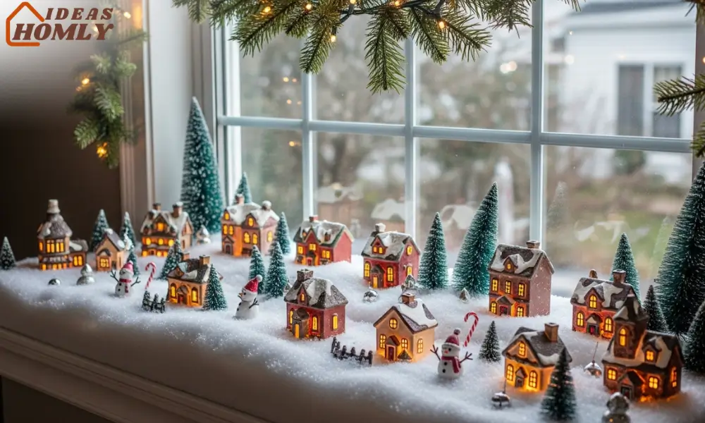 Snowy Window Sill Christmas Village With Natural Daylight Glow
