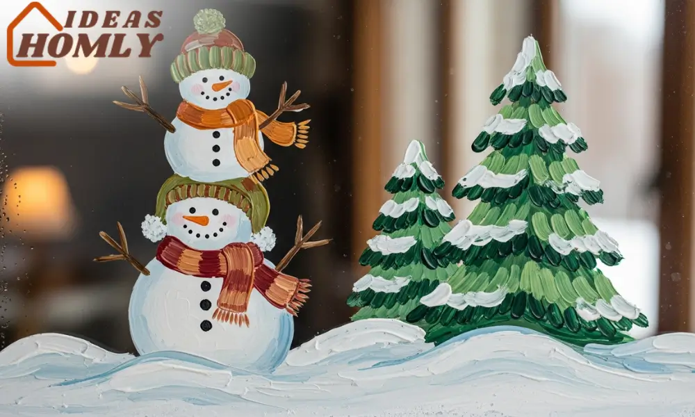 Stacked Snowmen and Evergreen Tree Scene
