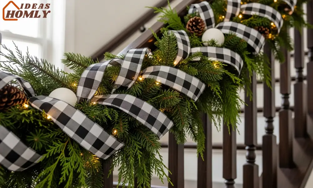 Staircase or Mantel Garland With Plaid Ribbon Woven In