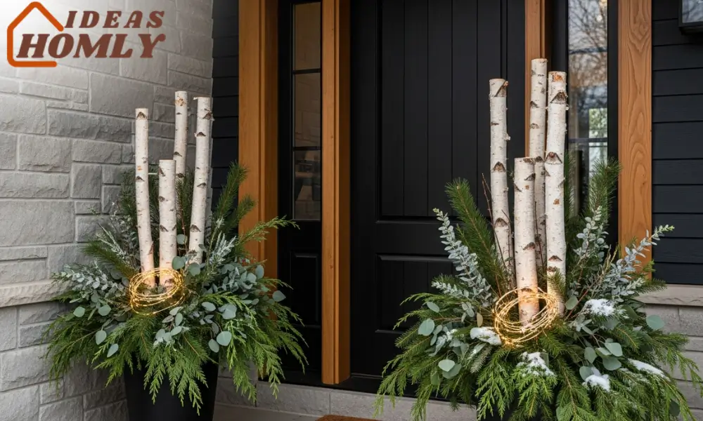Symmetrical Winter Planters with Birch Logs and Soft Lights