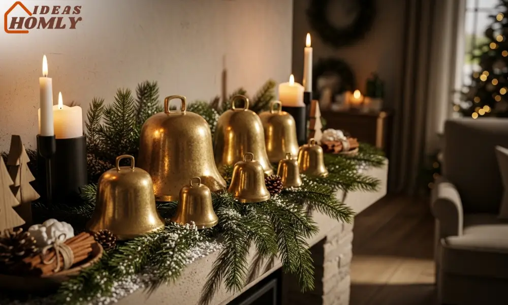 Vintage Brass Bell Display on a Christmas Mantel