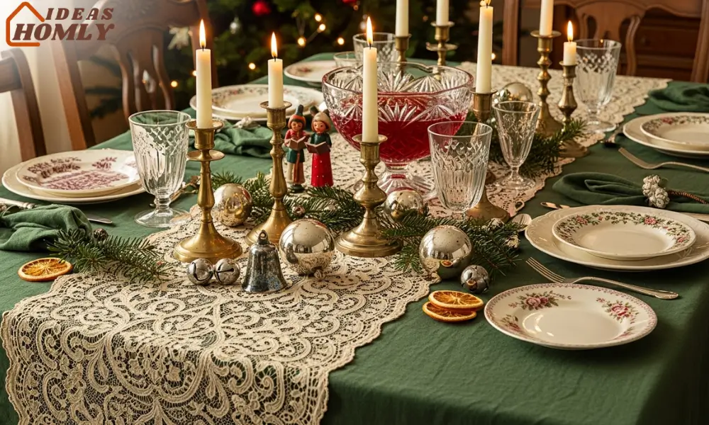 Vintage Lace or Crochet Christmas Table Runner Overlay for Cottage-Style Decor