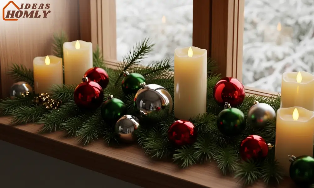 Window Sill Display With Greenery, Candles, and Ornaments