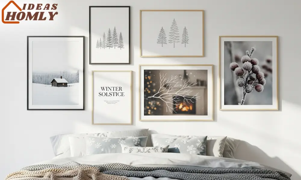 Winter Wall Art Above Bed in a Holiday Bedroom