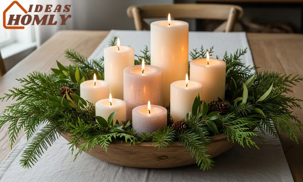 Wooden Bowl With Candles & Winter Greens