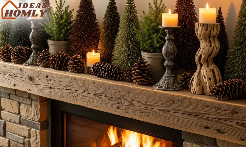 Woodland Mantel with Pinecones, Mini Trees & Rustic Candlesticks