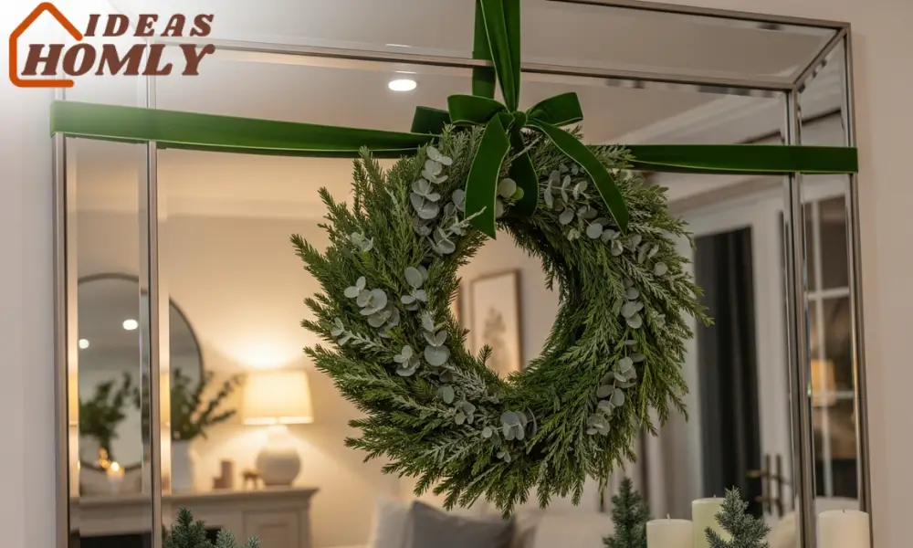 Wreath Hung in the Center of a Mirror Using Ribbon