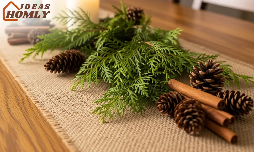 Burlap Runner with Cedar Branches