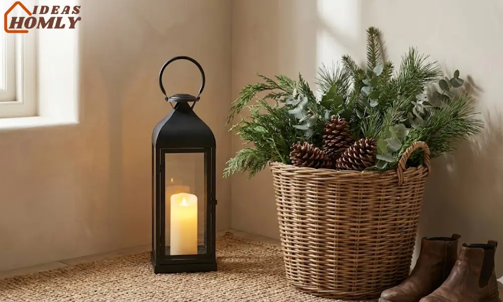 Cozy Lantern and Evergreen Basket Setup