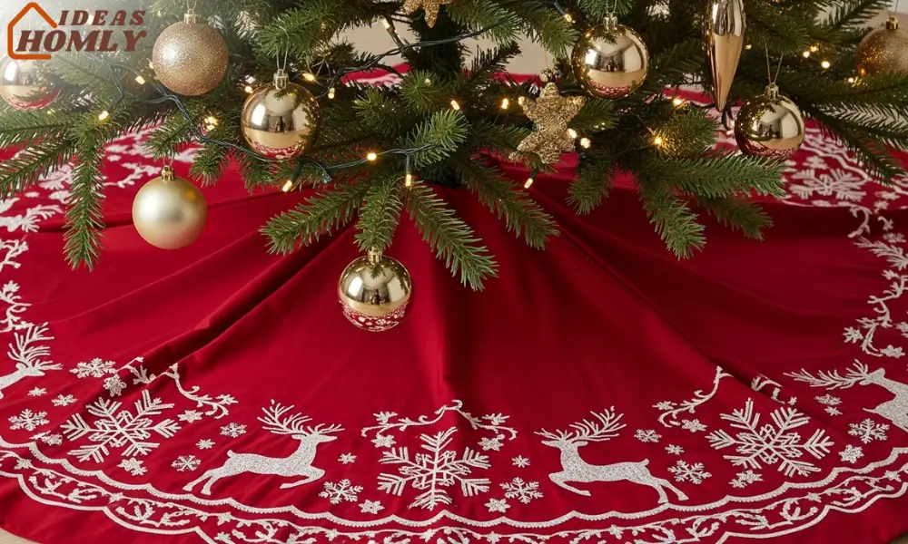 Red Tree Skirt With Embroidered Snowflakes or Holiday Motifs