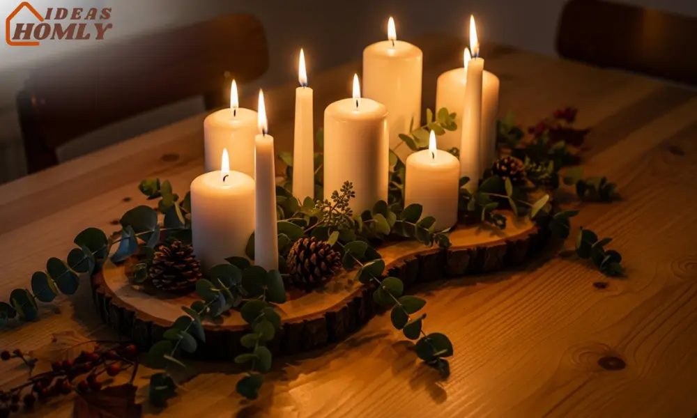 Rustic Christmas Candle Centerpiece with Greenery and Wood Accents