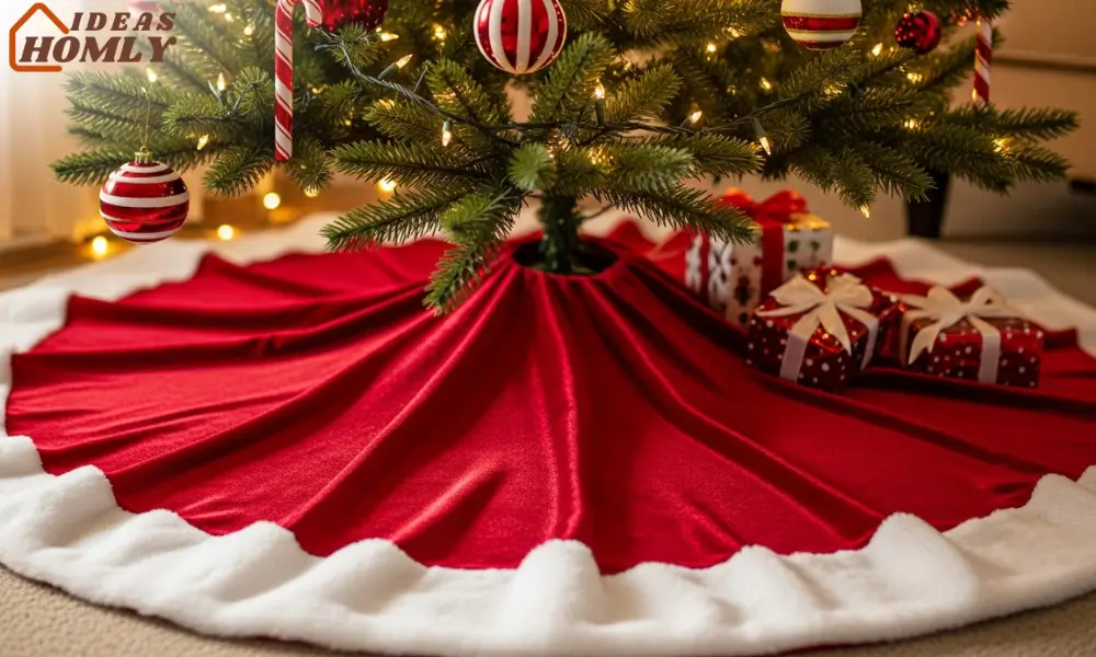 Santa-Style Red Velvet Tree Skirt With White Trim