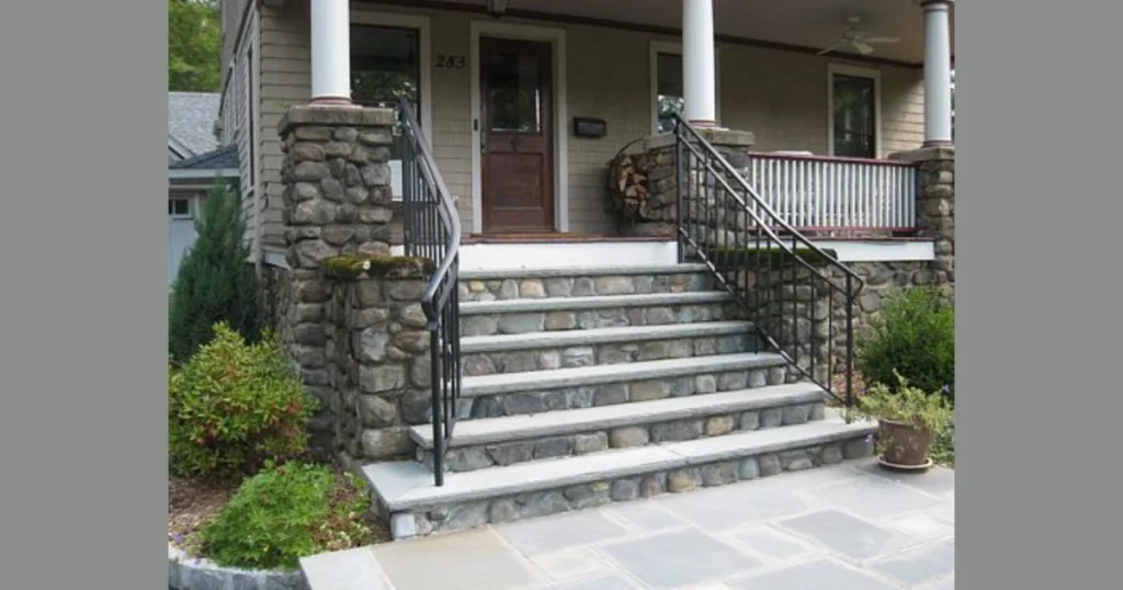 Stone and Metal Railing for Front Entry Stairs