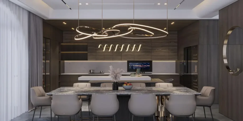 Dining Room with Statement Lighting