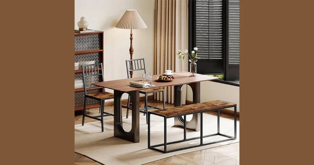 Industrial Dining Table with Metal Frame Bench