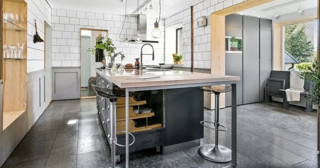 Industrial Style Island with Metal Frame Dining Table