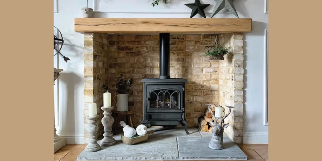 Fireplace with Wooden Beam Mantel