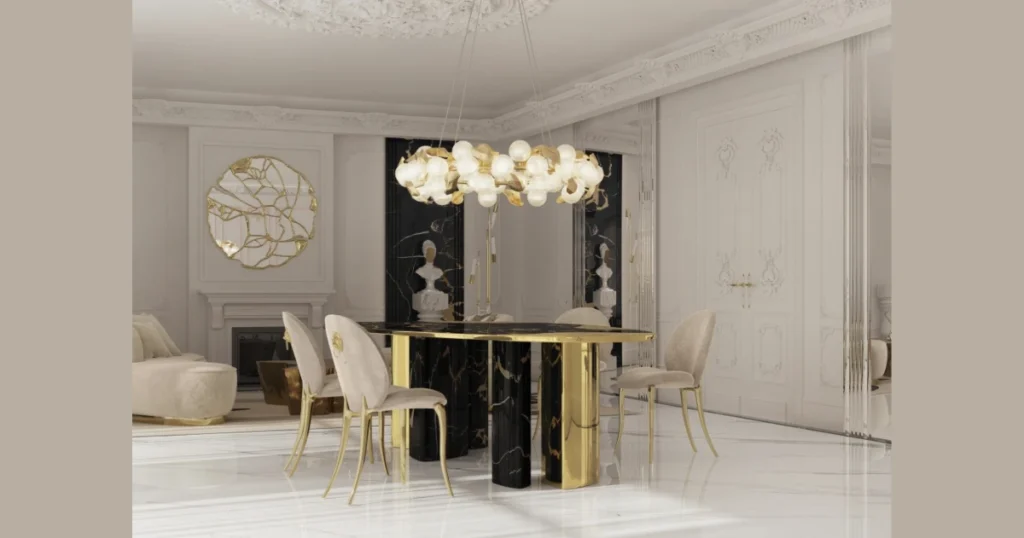 Glass Dining Table with Metallic Accents for a Light Elegant Feel