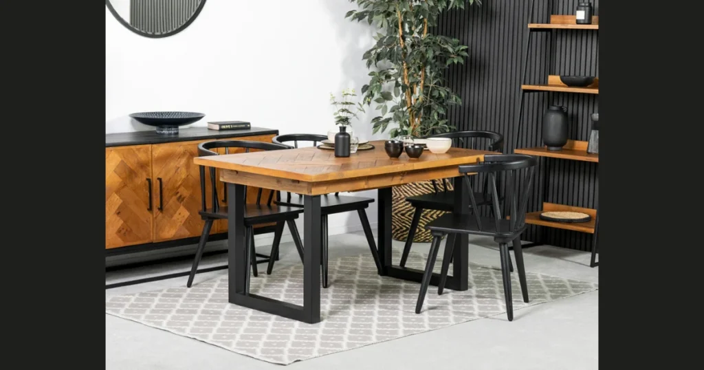 Industrial Dining Table with Metal and Wood Chair Mix