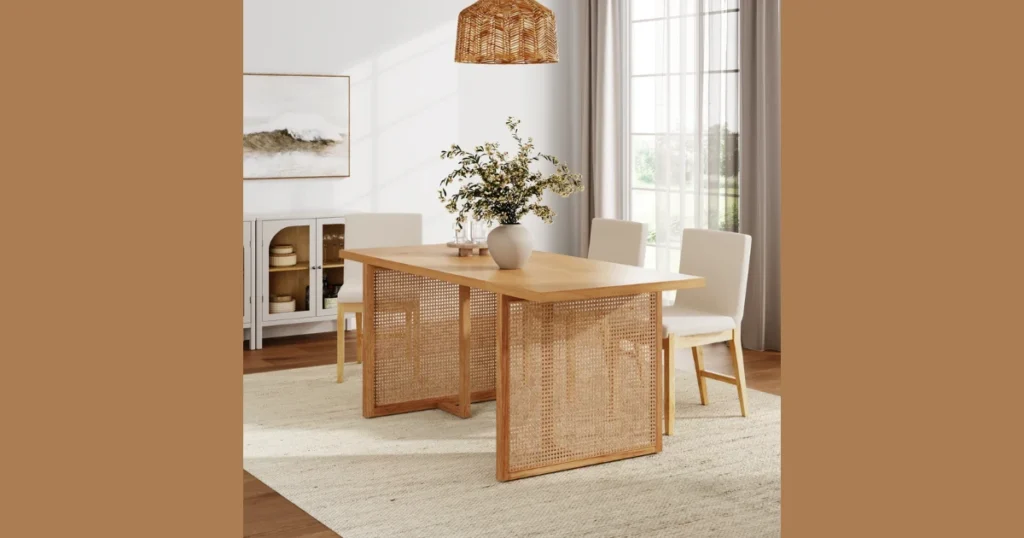 White Dining Table with Natural Wood and Rattan Chairs