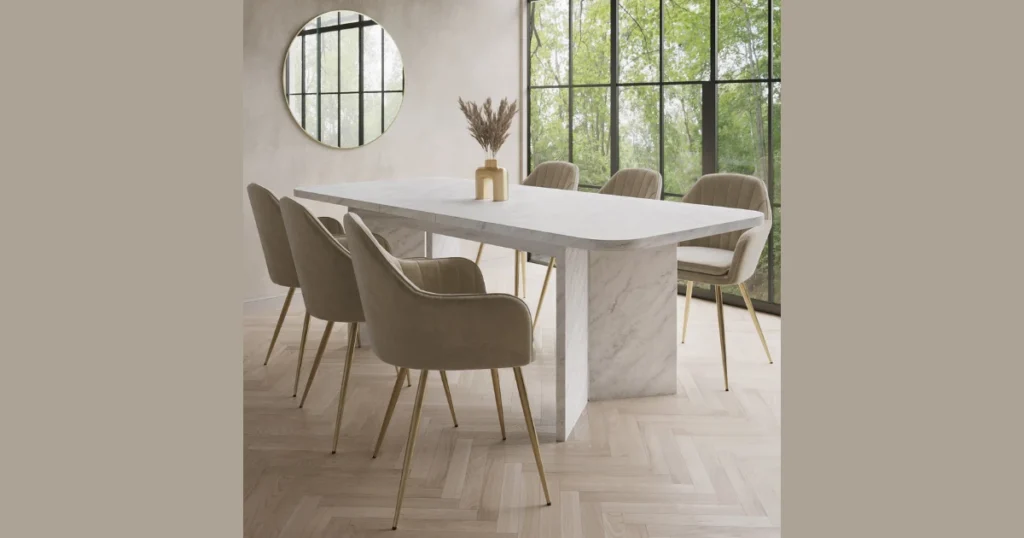 Marble Dining Table with Velvet and Wooden Chairs