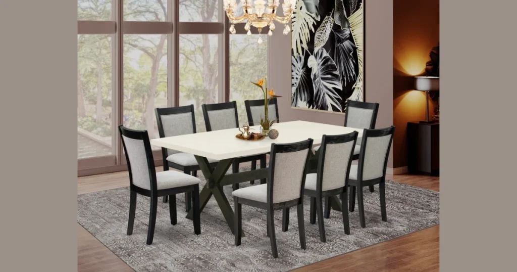 Dark Wood Dining Table with Light Fabric Chairs