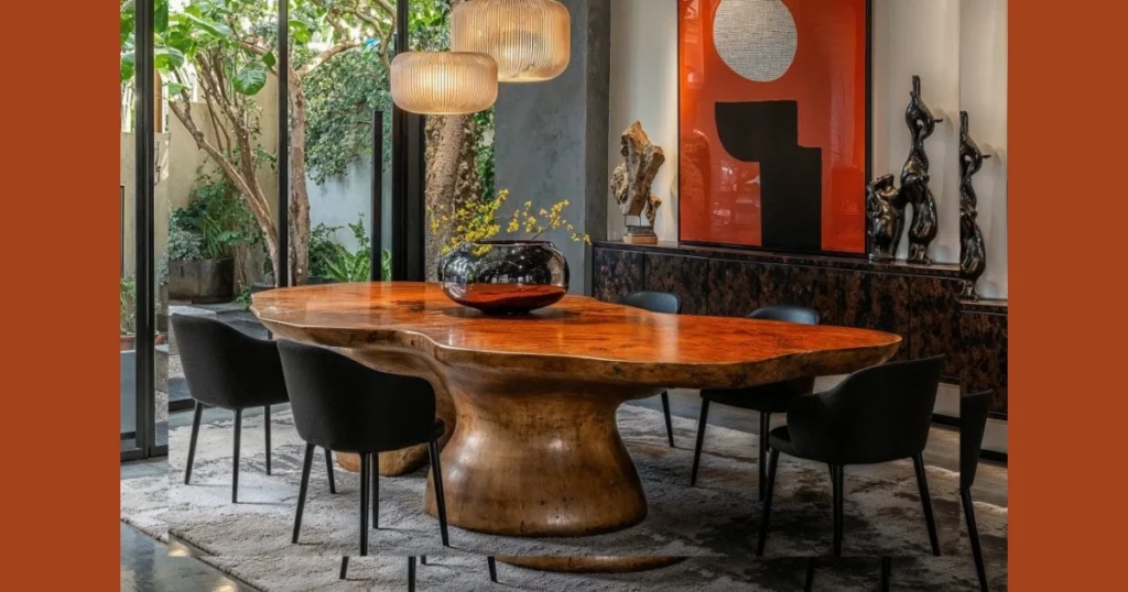 Neutral Dining Table with Two Bold Accent Chairs