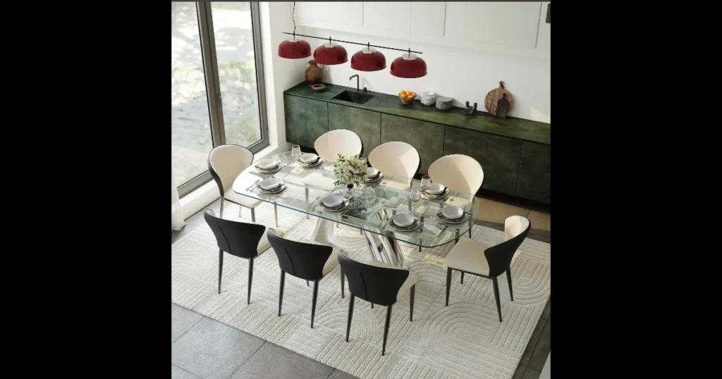 Glass Dining Table with Mixed Transparent and Solid Chairs