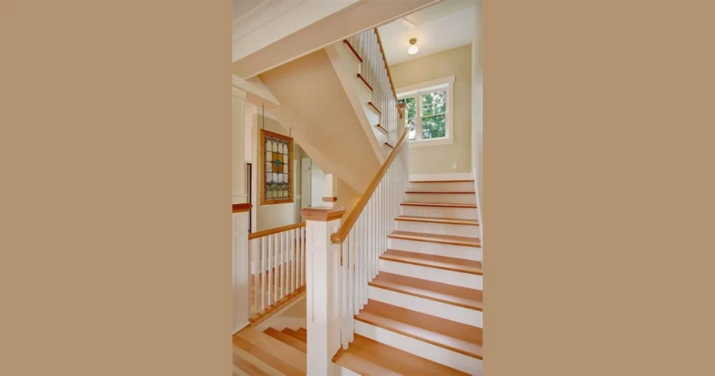 Wooden Handrail with White Spindles for Bright Interiors
