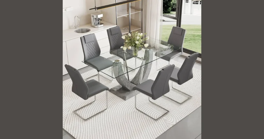 Modern Glass Dining Table Set with 6 Upholstered Chairs